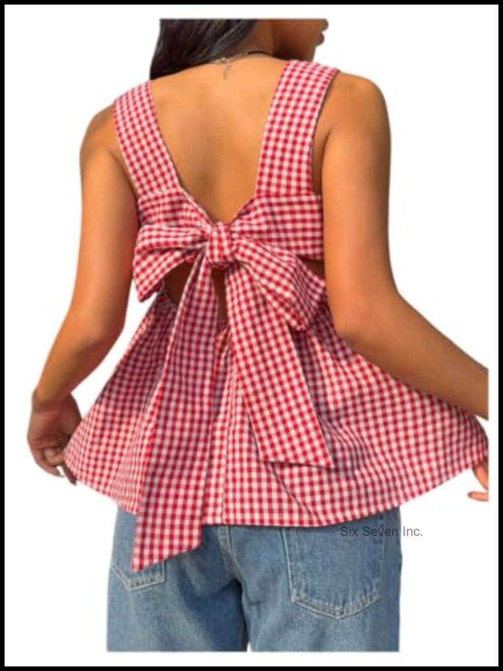 Plaid Gingham Tank Top Square Neck Sleeveless Ruffle Hem Bow Back